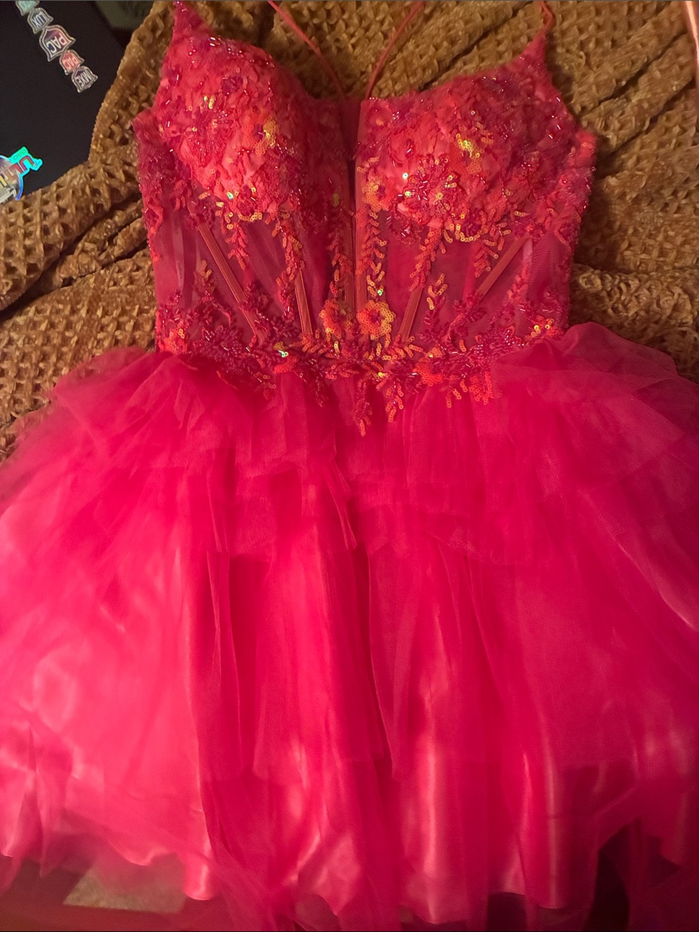 Hot Pink Sequin & Tulle Homecoming Dress with Embroidered Bodice